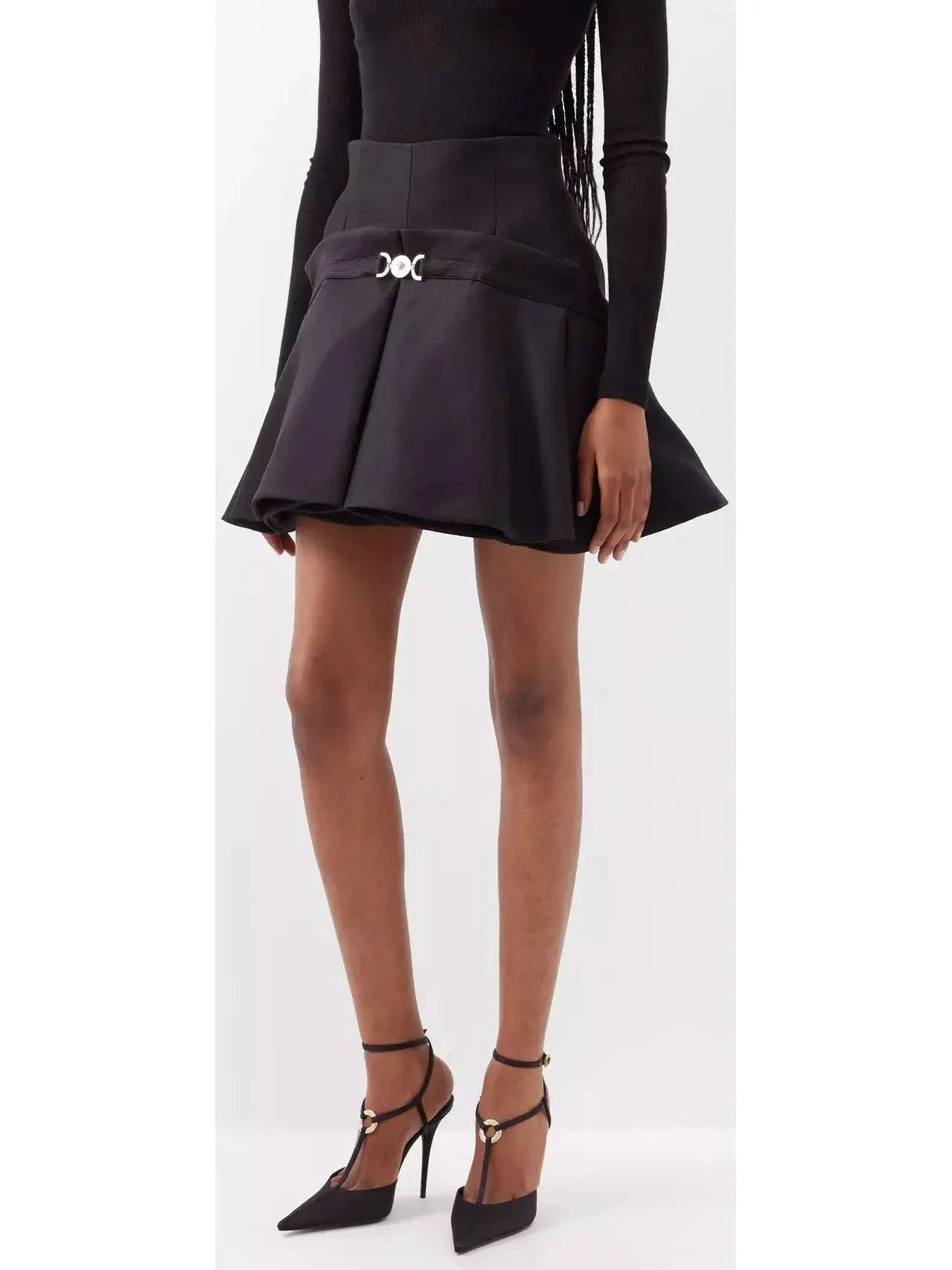 High-Waisted Box-Pleat Black Mini Skirt - Branna Couture