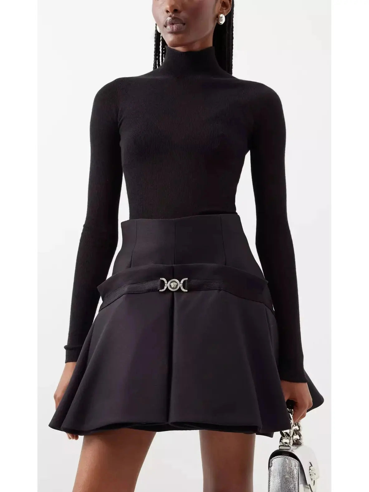 High-Waisted Box-Pleat Black Mini Skirt - Branna Couture