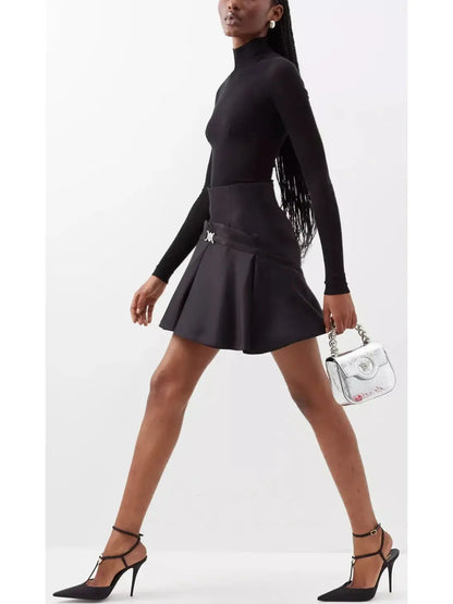 High-Waisted Box-Pleat Black Mini Skirt - Branna Couture