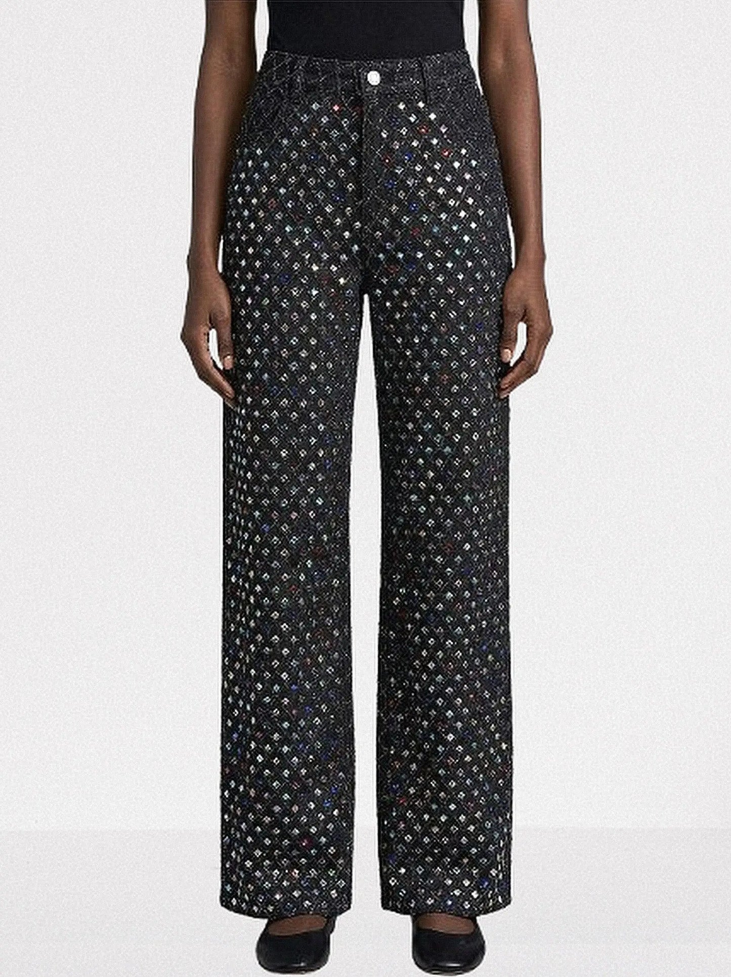 High-Waisted Rhinestone-Embellished Wide-Leg Jeans - S / Black - Jeans & Pants