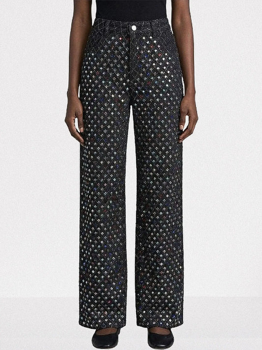 High-Waisted Rhinestone-Embellished Wide-Leg Jeans - S / Black - Jeans & Pants