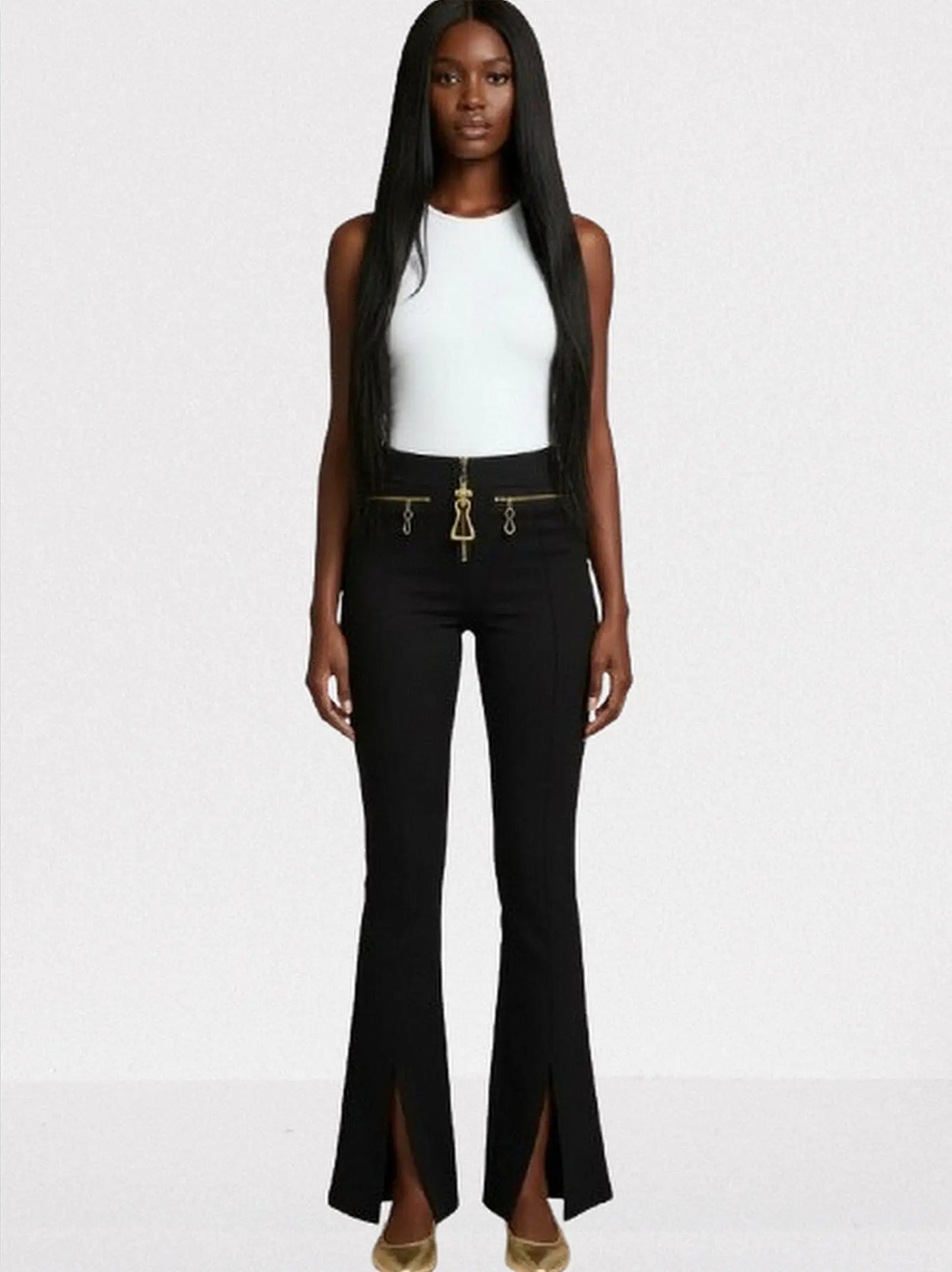 High-Waisted Front-Slit Pants with Gold Hardware - Jeans & Pants