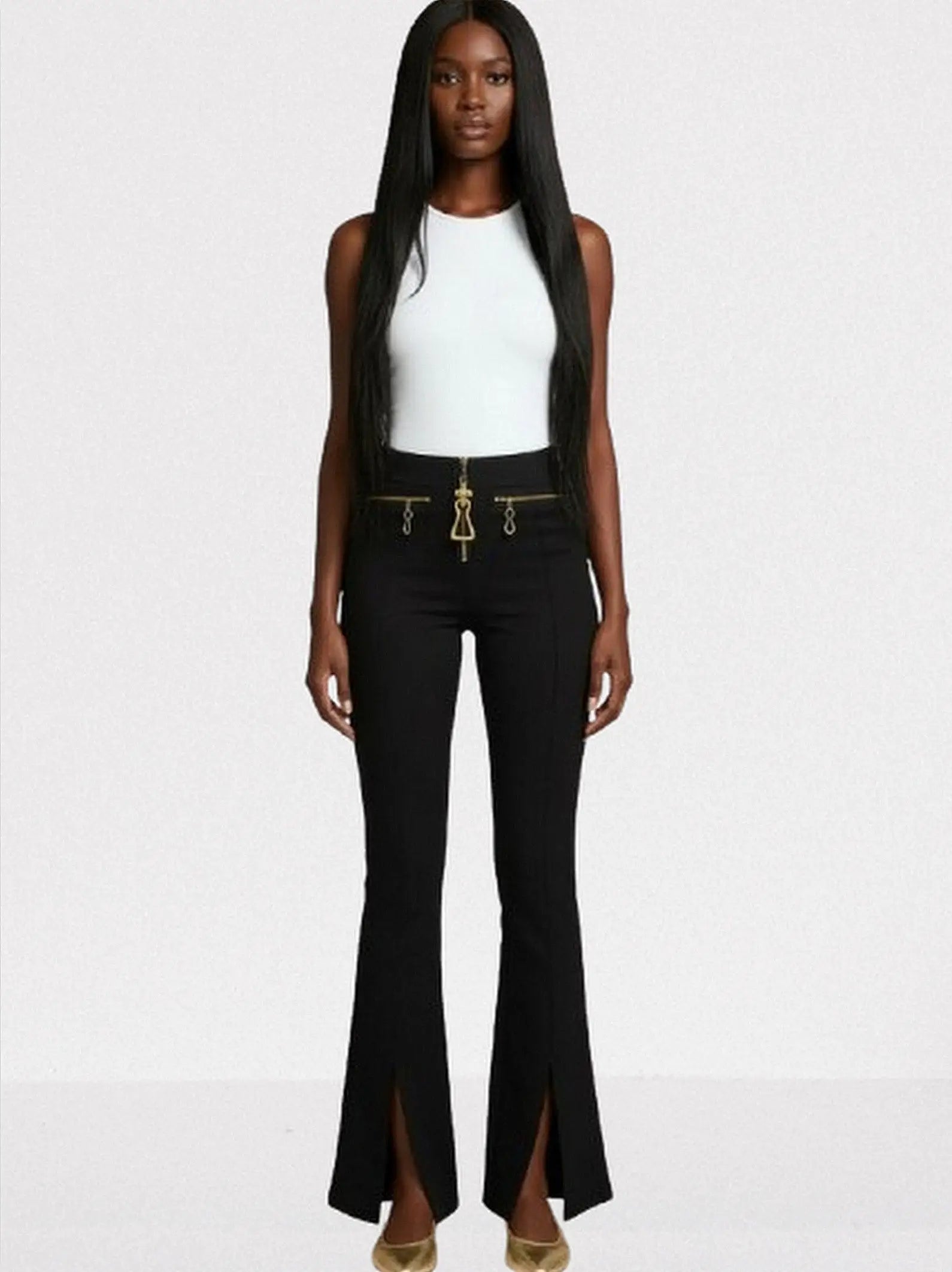 High-Waisted Front-Slit Pants with Gold Hardware - Jeans & Pants