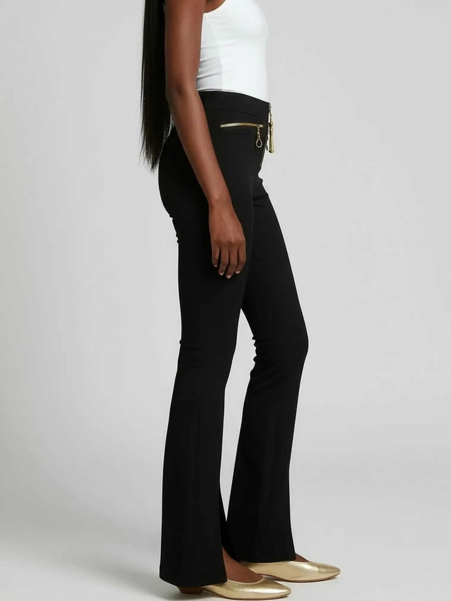 High-Waisted Front-Slit Pants with Gold Hardware - Jeans & Pants