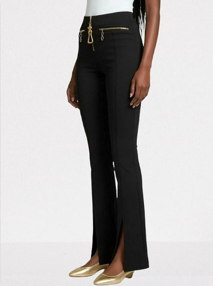 High-Waisted Front-Slit Pants with Gold Hardware - Jeans & Pants