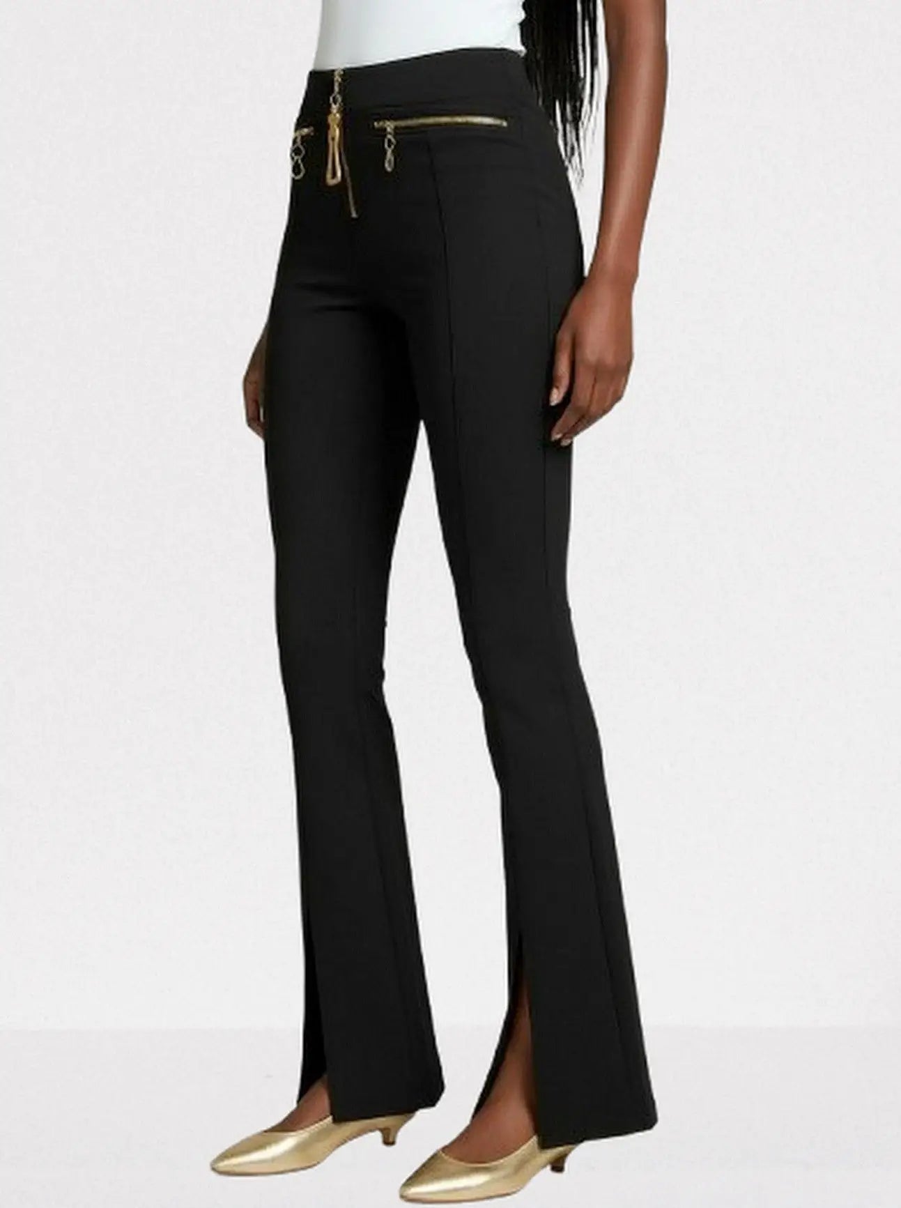 High-Waisted Front-Slit Pants with Gold Hardware - Jeans & Pants