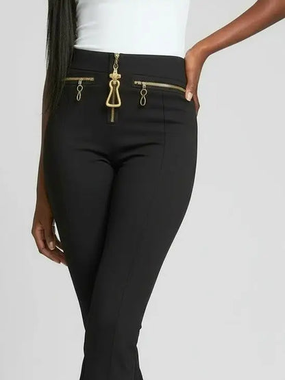 High-Waisted Front-Slit Pants with Gold Hardware - Jeans & Pants