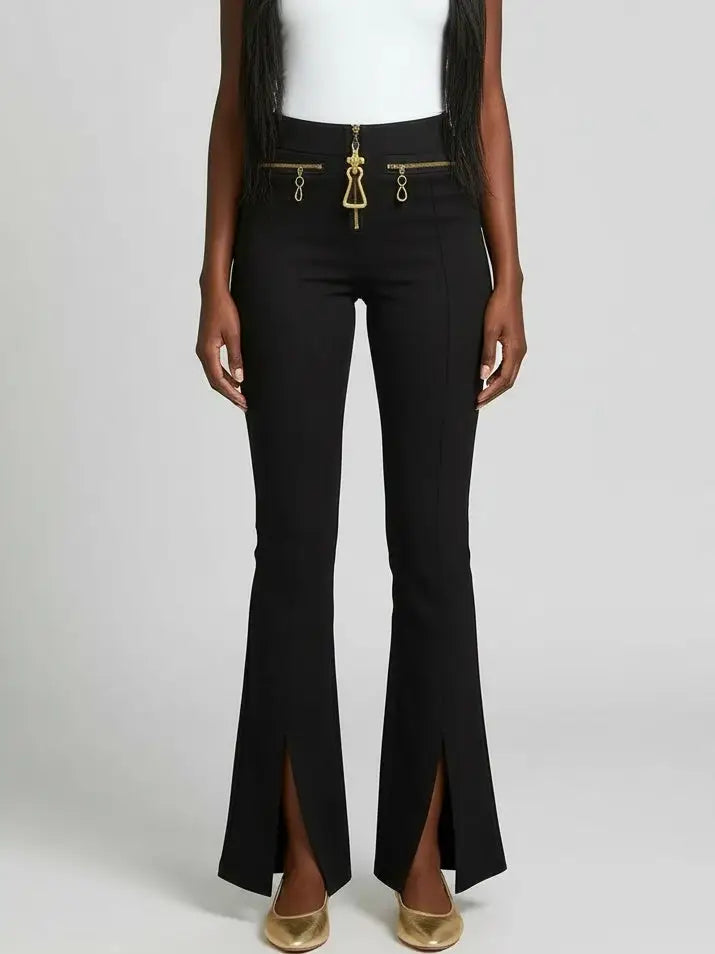 High-Waisted Front-Slit Pants with Gold Hardware - Jeans & Pants