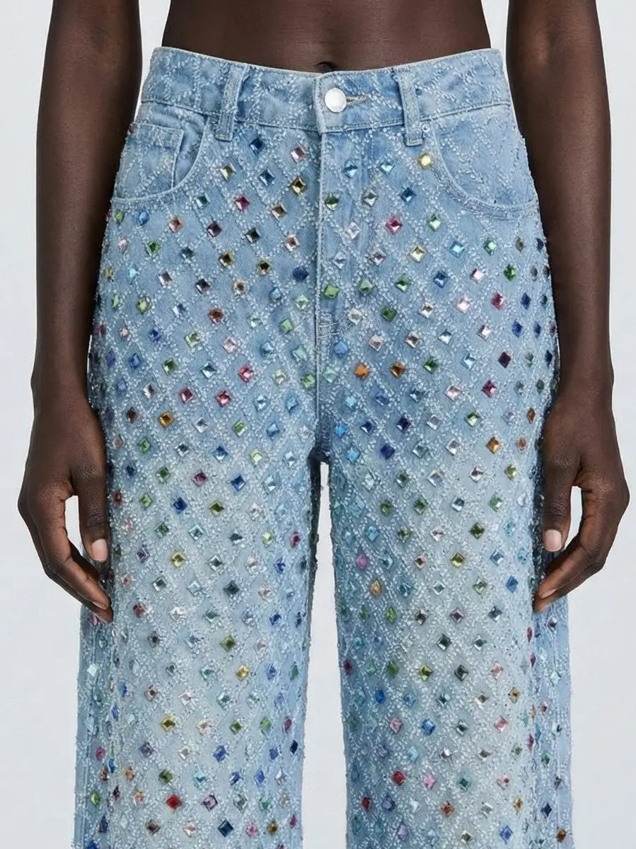 High-Waisted Rhinestone-Embellished Wide-Leg Jeans - Jeans & Pants