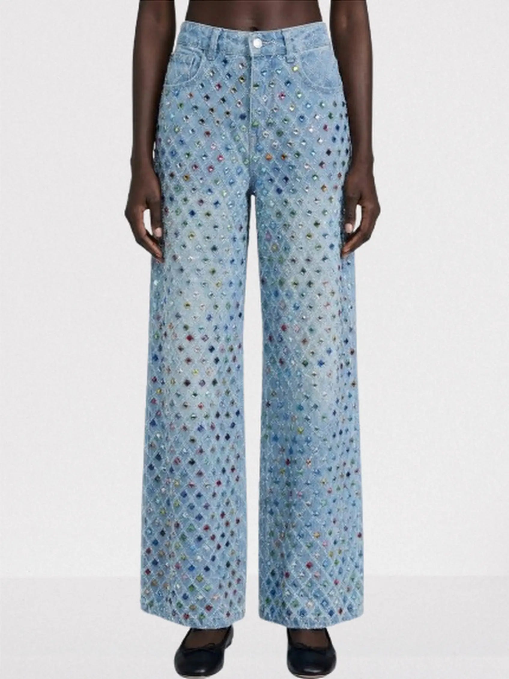 High-Waisted Rhinestone-Embellished Wide-Leg Jeans - S / Light Blue - Jeans & Pants