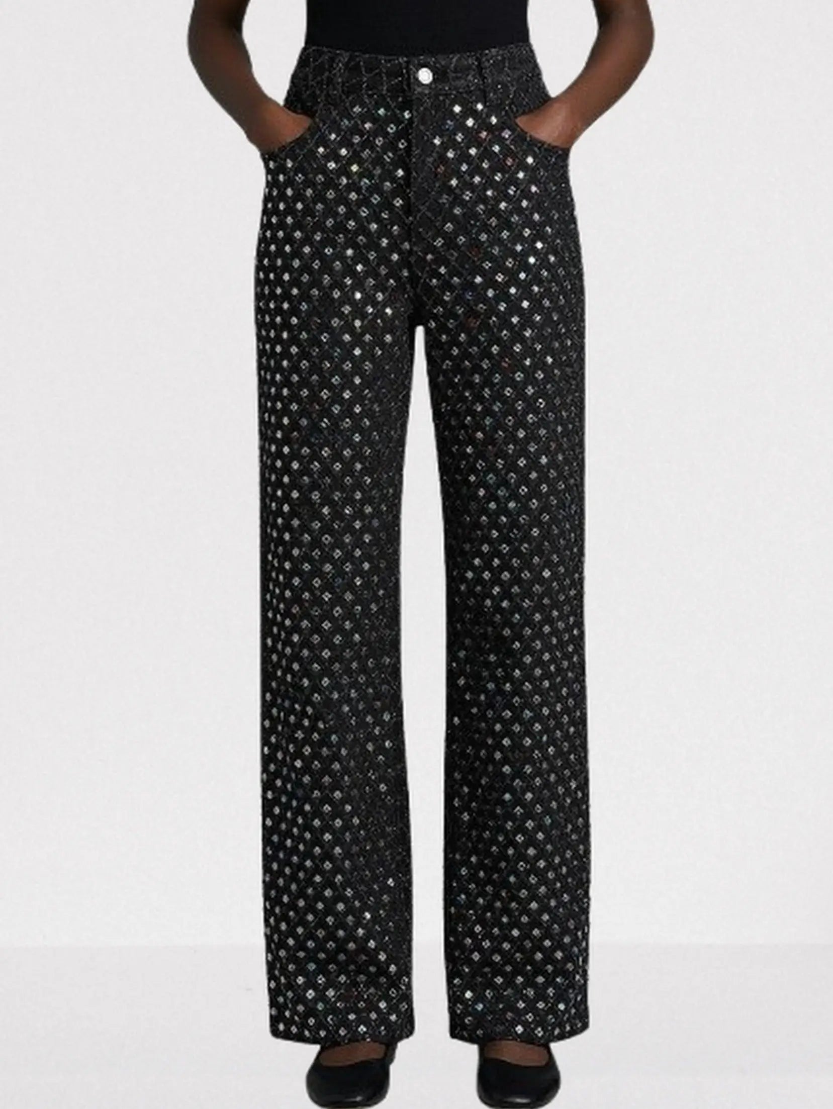 High-Waisted Rhinestone-Embellished Wide-Leg Jeans - Jeans & Pants