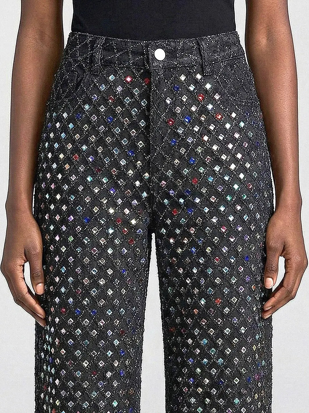 High-Waisted Rhinestone-Embellished Wide-Leg Jeans - Jeans & Pants