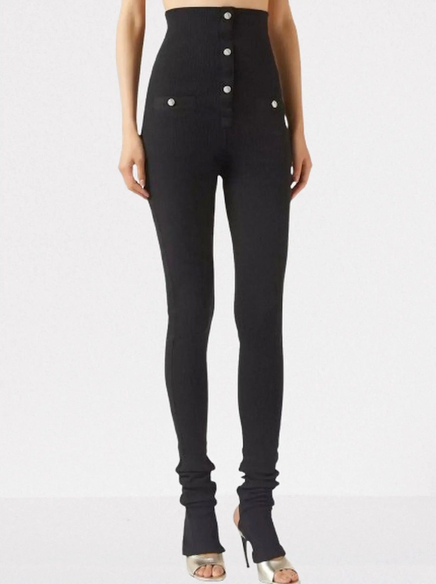 High-Waisted Ribbed Knit Stirrup Pants - Jeans & Pants