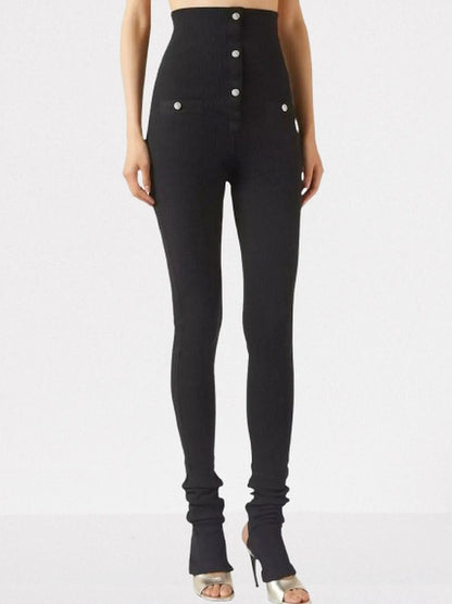 High-Waisted Ribbed Knit Stirrup Pants - Jeans & Pants