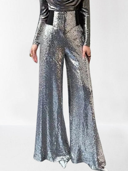 High Waisted Sequined Wide Leg Pants in Black Jeans & Pants