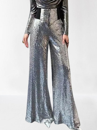 High Waisted Sequined Wide Leg Pants in Gold S / Silver Jeans & Pants