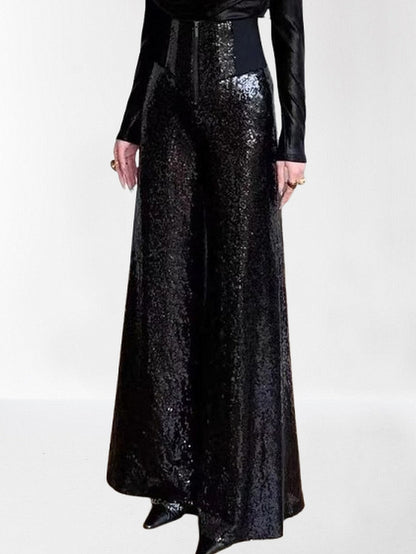 High-Waisted Sequined Wide-Leg Pants in Silver