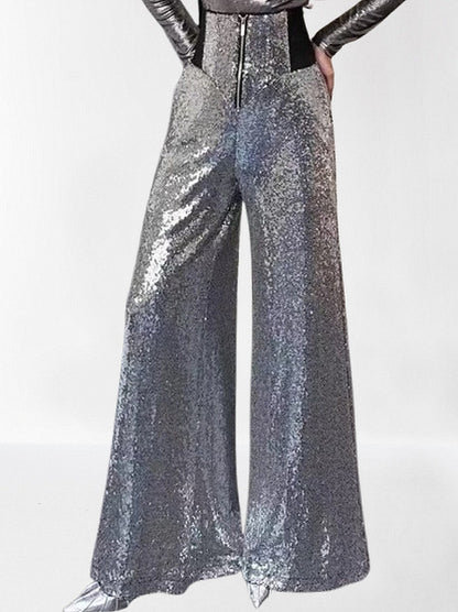 High-Waisted Sequined Wide-Leg Pants in Silver