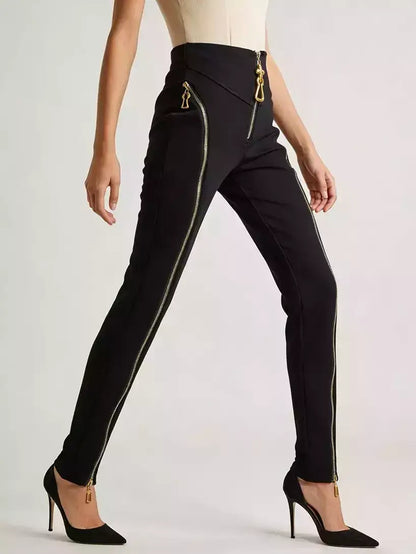 High-Waisted Zip-Detail Slim Pants - Jeans & Pants