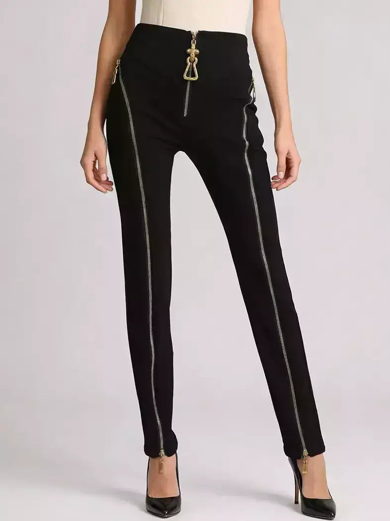 High-Waisted Zip-Detail Slim Pants - Jeans & Pants
