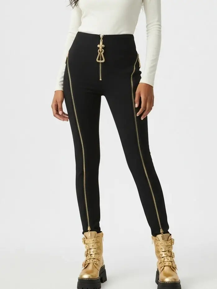 High-Waisted Zip-Detail Slim Pants - Jeans & Pants