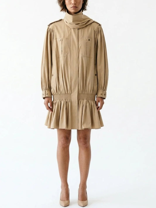 High Neck Gathered Trench Coat with Scarf - Small - Coats