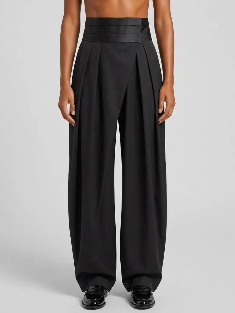 High Rise Satin Waist Pleated Tuxedo Trousers - S - Jeans & Pants