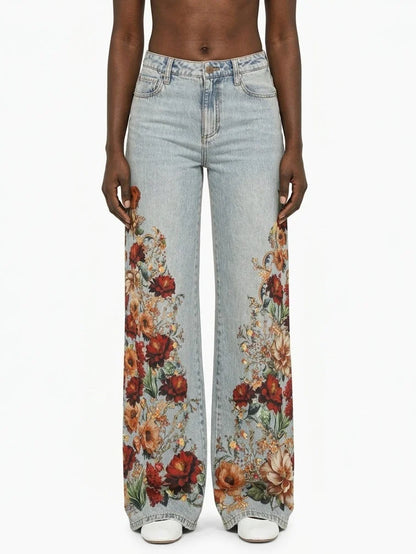 High Waist Floral Print Wide Leg Jeans - 24 - Jeans & Pants