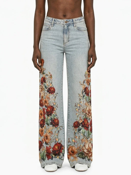 High Waist Floral Print Wide Leg Jeans - 24 - Jeans & Pants