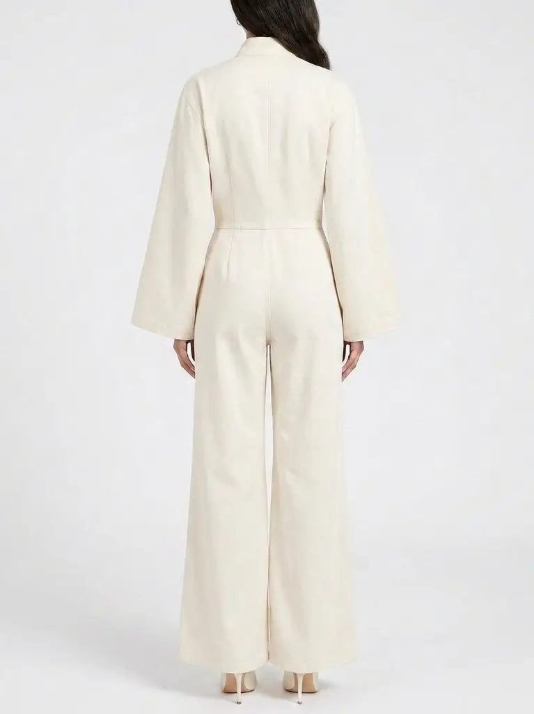 High Neck Architectural Ruffled Slit Leg Jumpsuit - Suits & Sets