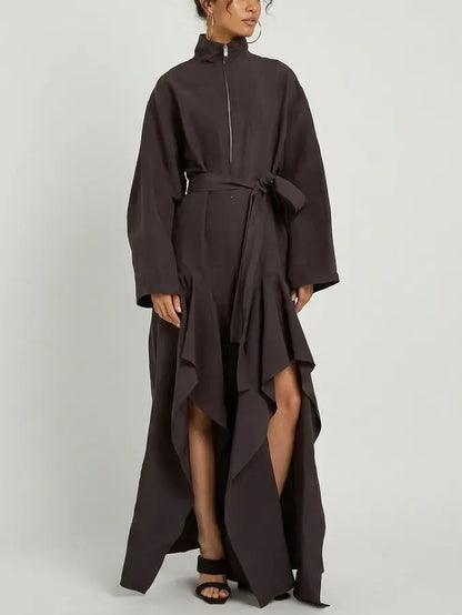 High Neck Architectural Ruffled Slit Leg Jumpsuit - Suits & Sets