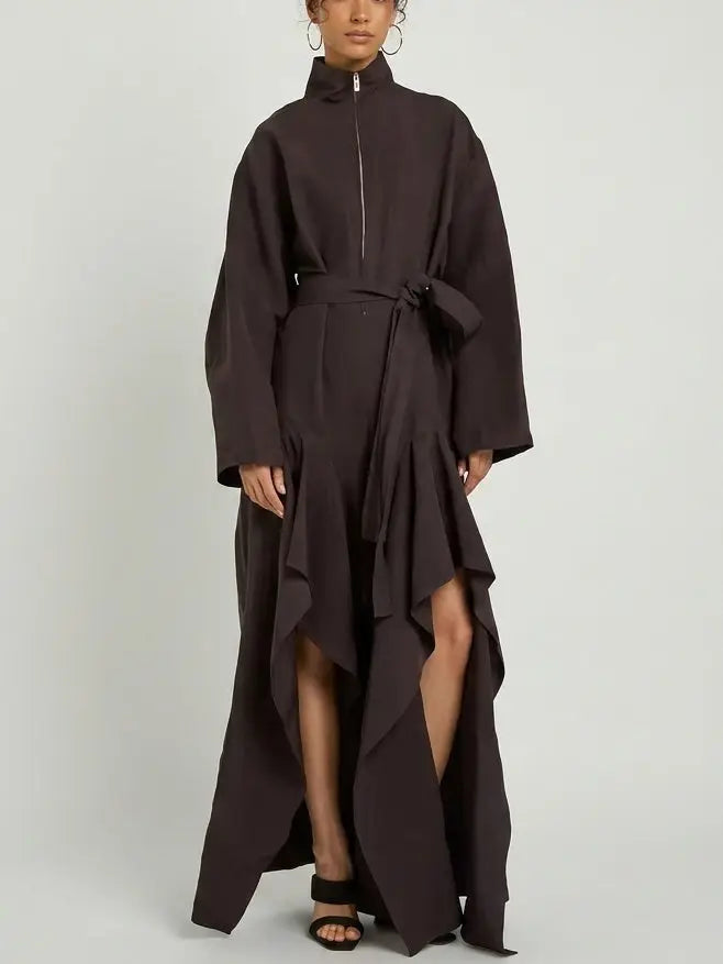 High Neck Architectural Ruffled Slit Leg Jumpsuit - Suits & Sets