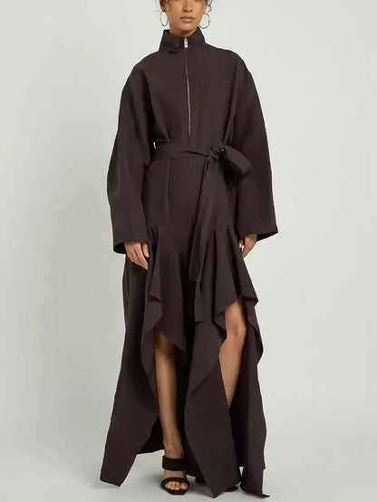 High Neck Architectural Ruffled Slit Leg Jumpsuit - Suits & Sets