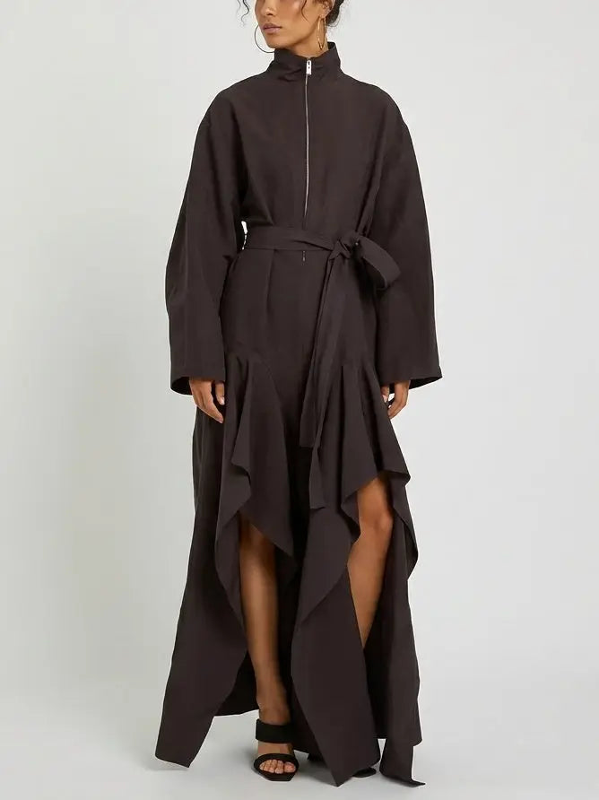 High Neck Architectural Ruffled Slit Leg Jumpsuit - Small / Brown - Suits & Sets
