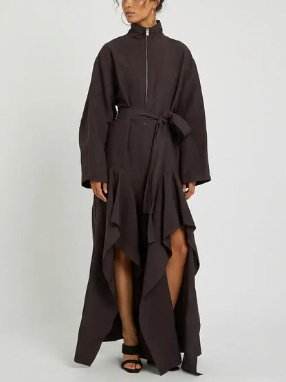 High Neck Architectural Ruffled Slit Leg Jumpsuit - Small / Brown - Suits & Sets