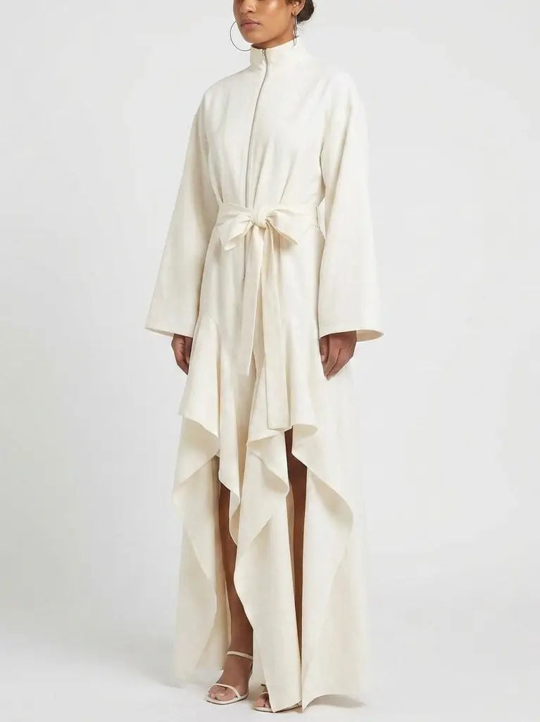 High Neck Architectural Ruffled Slit Leg Jumpsuit - Suits & Sets