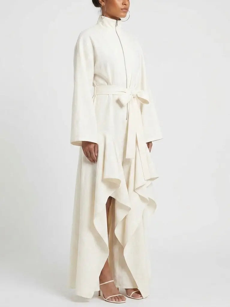 High Neck Architectural Ruffled Slit Leg Jumpsuit - Suits & Sets