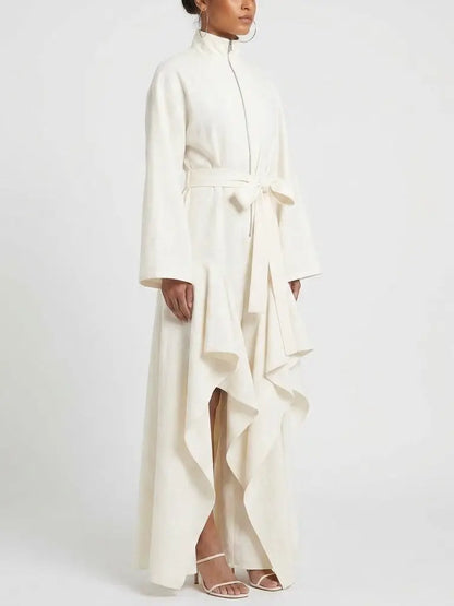 High Neck Architectural Ruffled Slit Leg Jumpsuit - Suits & Sets