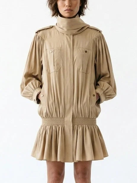 High Neck Gathered Trench Coat with Scarf - Coats