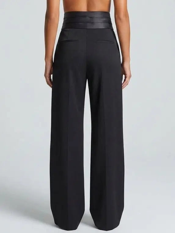High Rise Satin Waist Pleated Tuxedo Trousers - Jeans & Pants