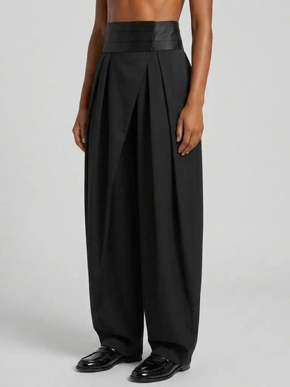 High Rise Satin Waist Pleated Tuxedo Trousers - Jeans & Pants