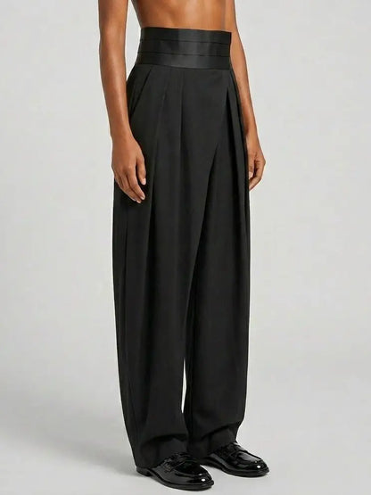 High Rise Satin Waist Pleated Tuxedo Trousers - Jeans & Pants