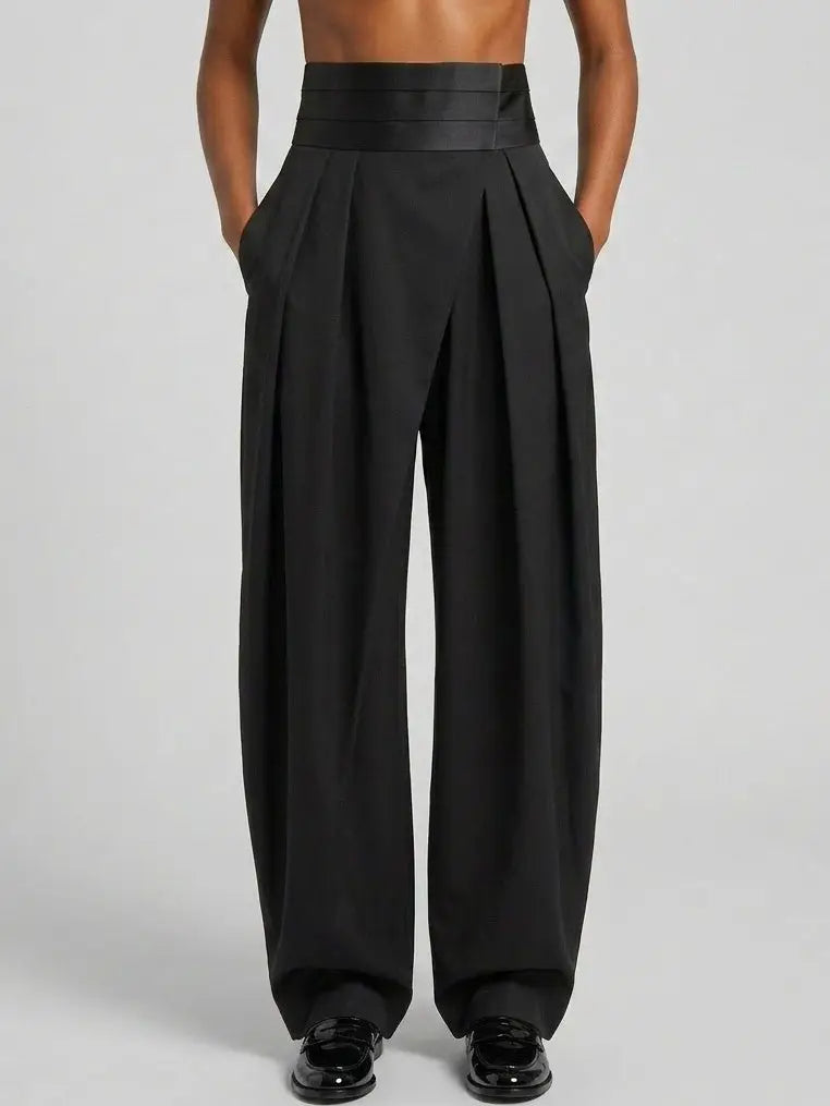 High Rise Satin Waist Pleated Tuxedo Trousers - Jeans & Pants