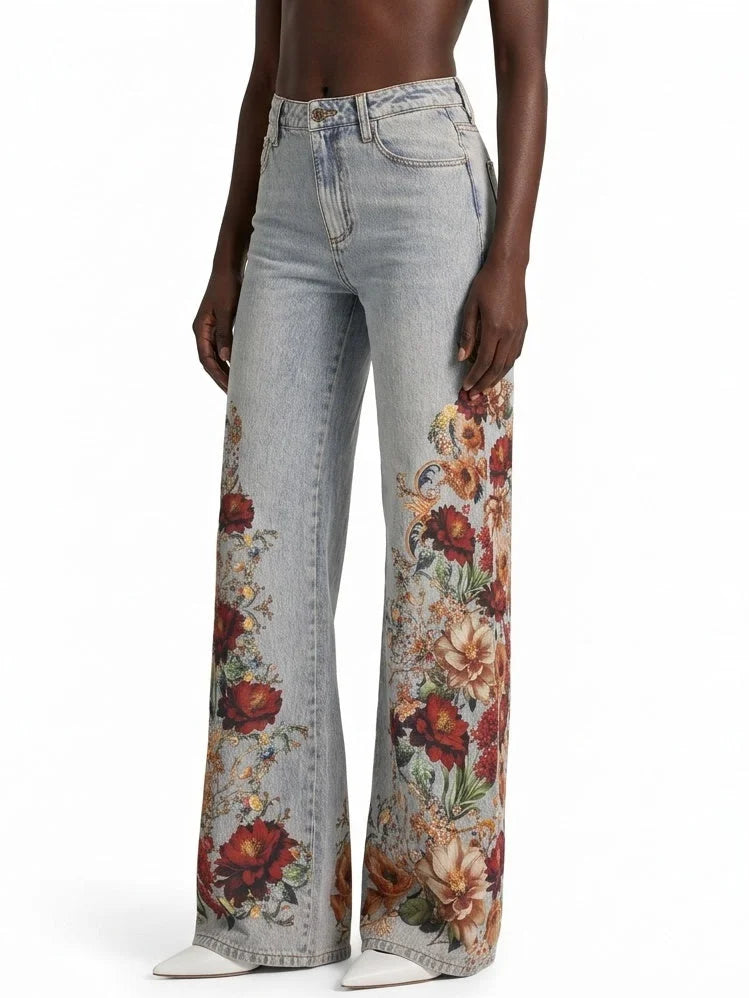 High Waist Floral Print Wide Leg Jeans - Jeans & Pants