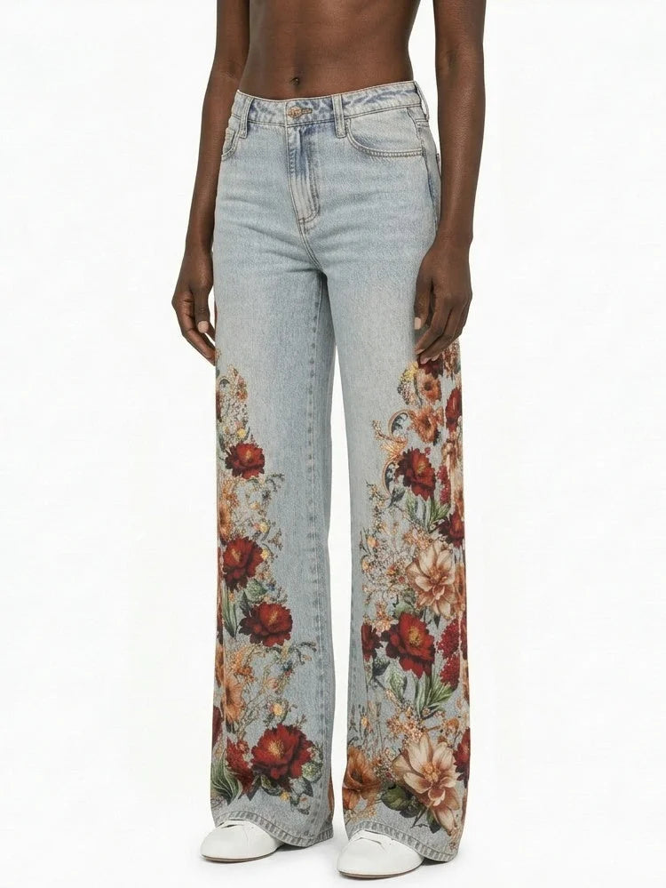 High Waist Floral Print Wide Leg Jeans - Jeans & Pants