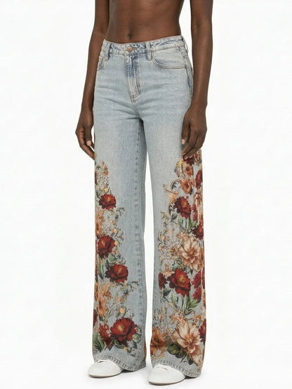 High Waist Floral Print Wide Leg Jeans - Jeans & Pants
