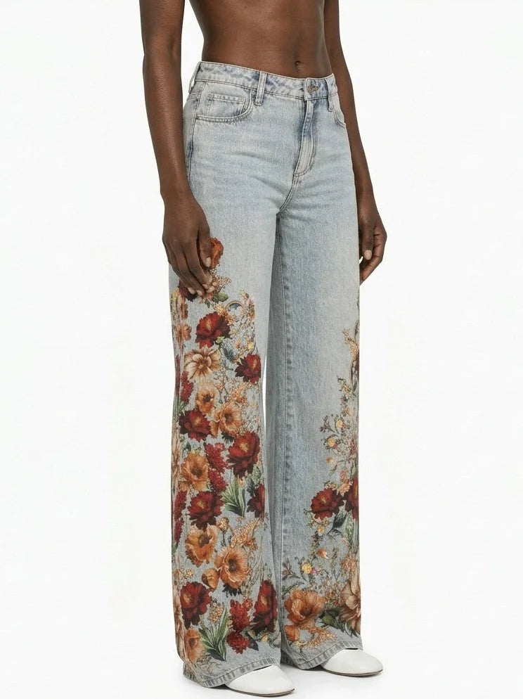 High Waist Floral Print Wide Leg Jeans - Jeans & Pants