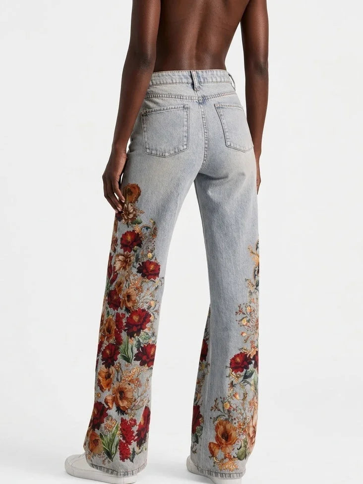 High Waist Floral Print Wide Leg Jeans - Jeans & Pants