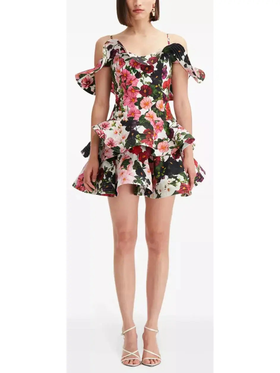 Hollyhocks Poplin Ruffled Mini Dress - Branna Couture