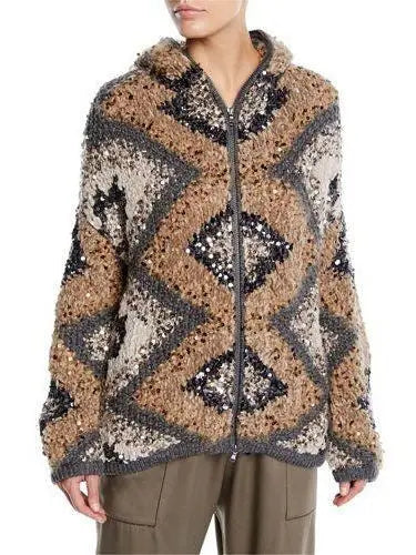 Hooded Geometric Knit Jacket with Sequins - Branna Couture